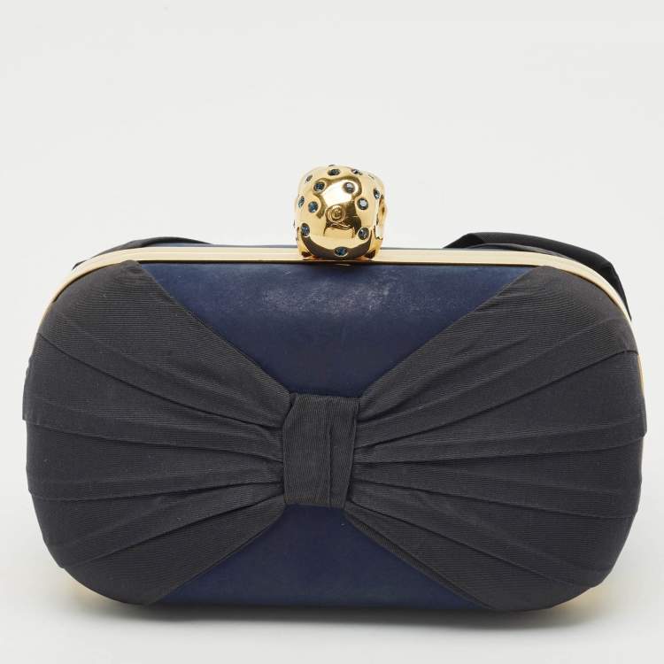 Pre Owned Alexander McQueen Navy Blue Leather Bow Skull Box Clutch