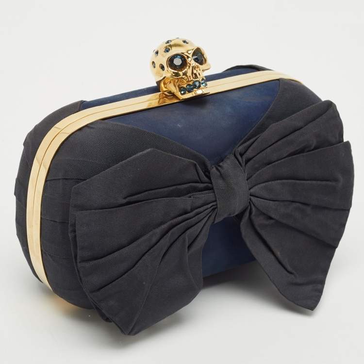 Pre Owned Alexander McQueen Navy Blue Leather Bow Skull Box Clutch