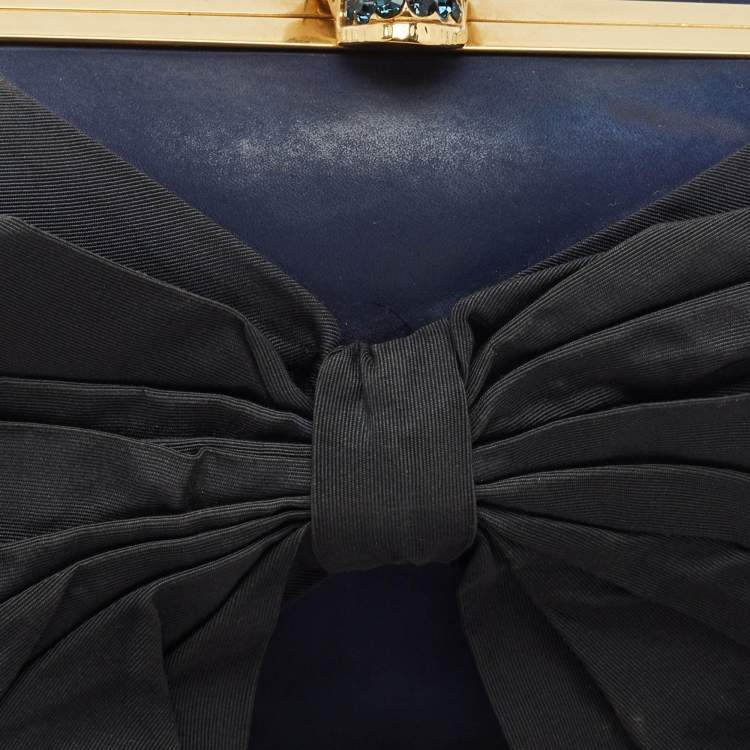 Pre Owned Alexander McQueen Navy Blue Leather Bow Skull Box Clutch