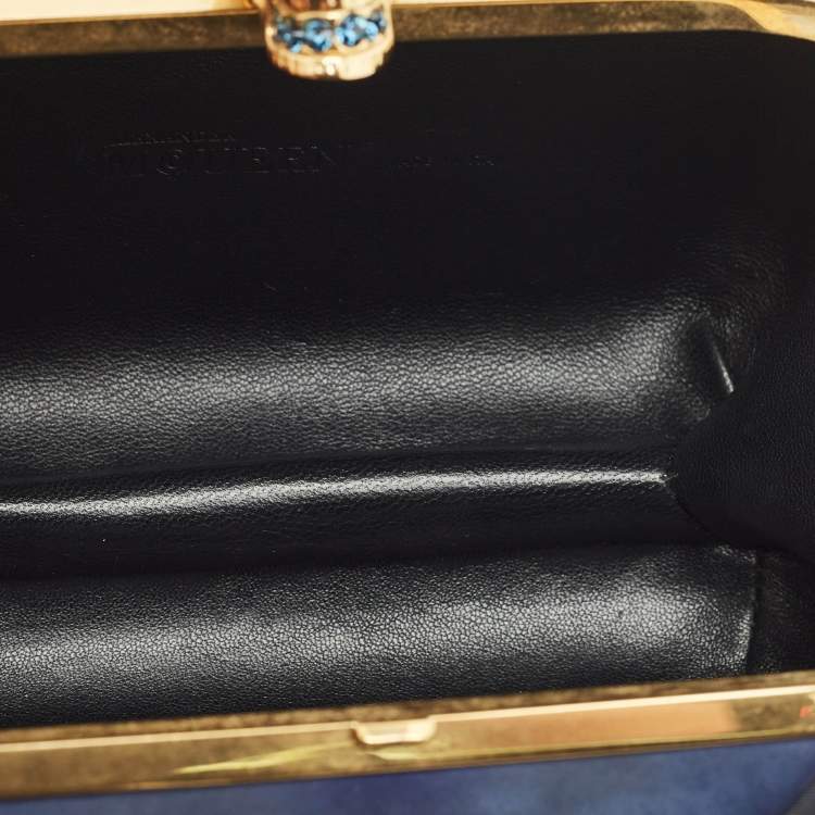 Pre Owned Alexander McQueen Navy Blue Leather Bow Skull Box Clutch
