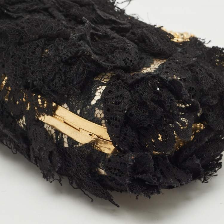 Pre Owned Alexander McQueen Black Lace Unicorn & Skull Knuckle Clutch