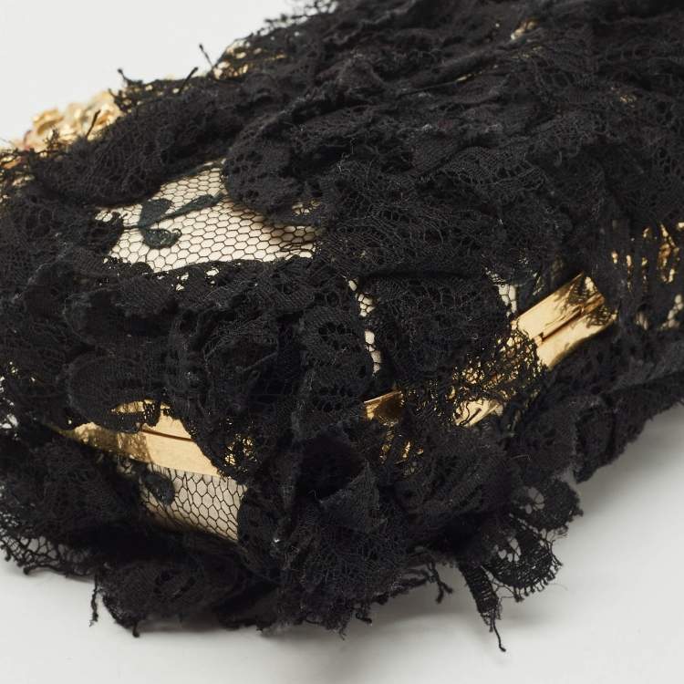 Pre Owned Alexander McQueen Black Lace Unicorn & Skull Knuckle Clutch