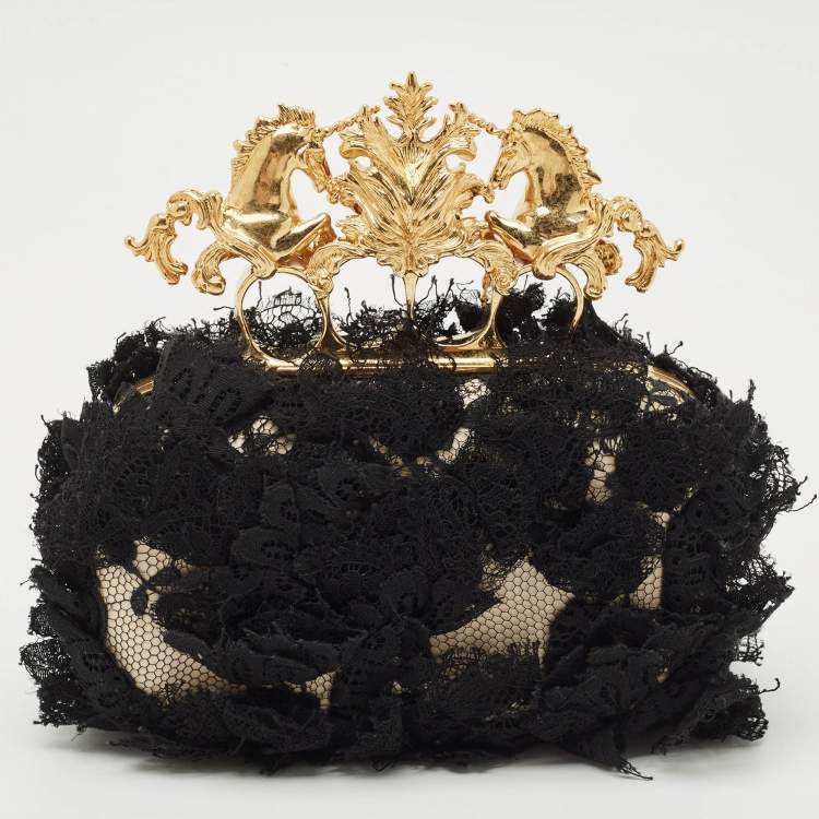 Pre Owned Alexander McQueen Black Lace Unicorn & Skull Knuckle Clutch