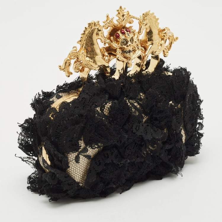 Pre Owned Alexander McQueen Black Lace Unicorn & Skull Knuckle Clutch