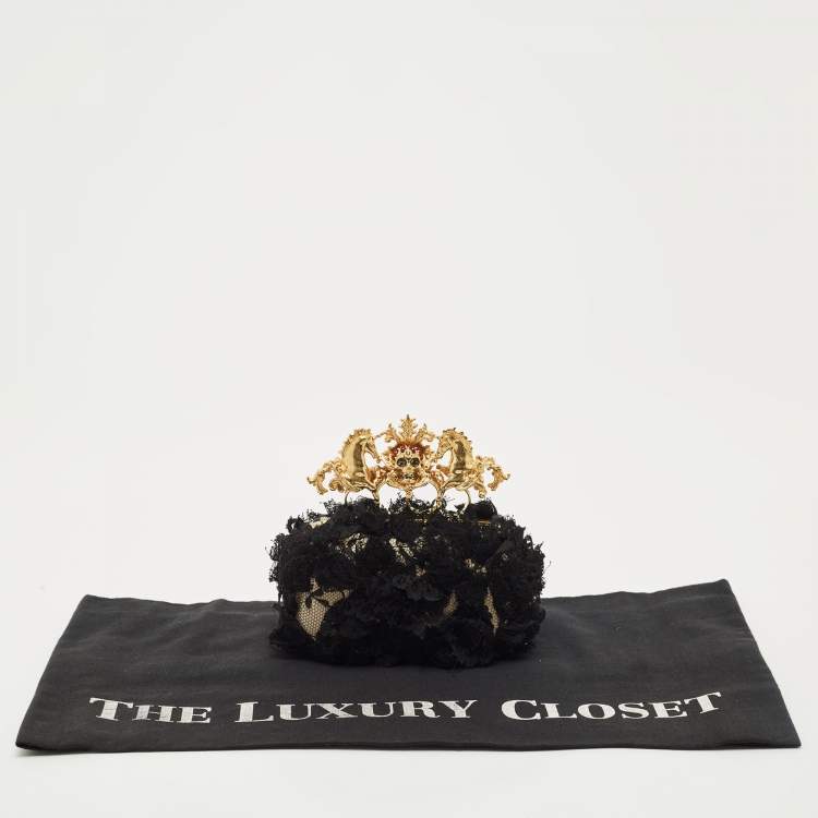 Pre Owned Alexander McQueen Black Lace Unicorn & Skull Knuckle Clutch