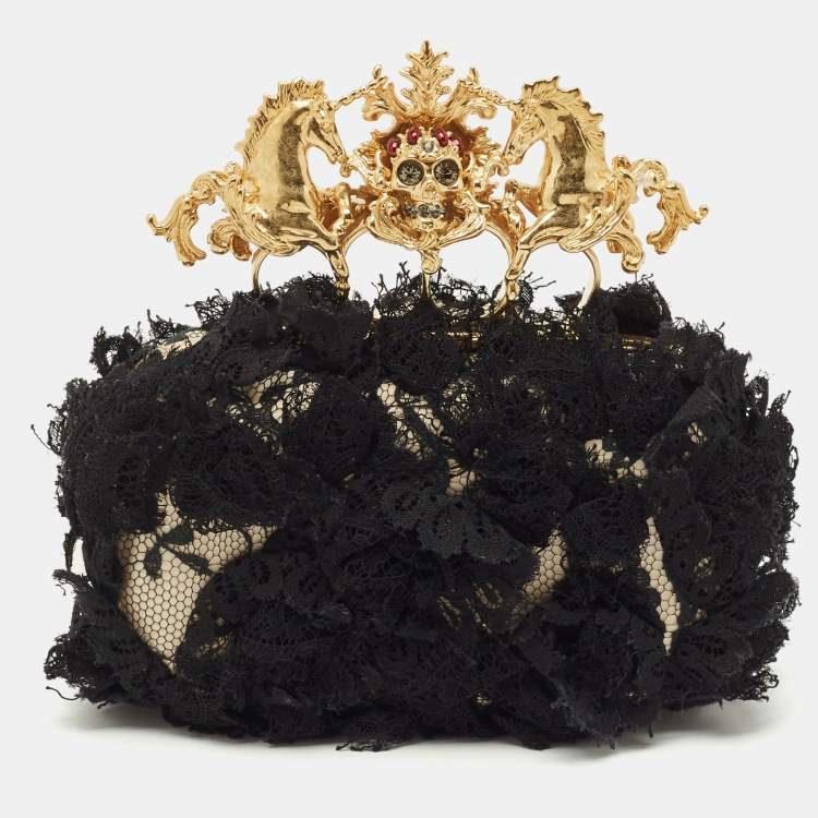 Pre Owned Alexander McQueen Black Lace Unicorn & Skull Knuckle Clutch