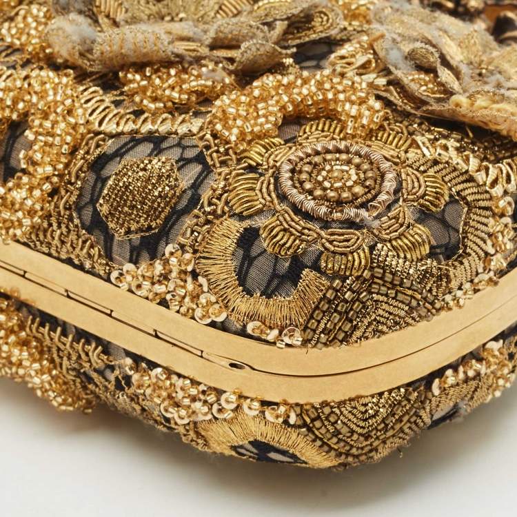 Pre Owned Alexander McQueen Gold Rosa Seta Knuckle Duster Box Clutch