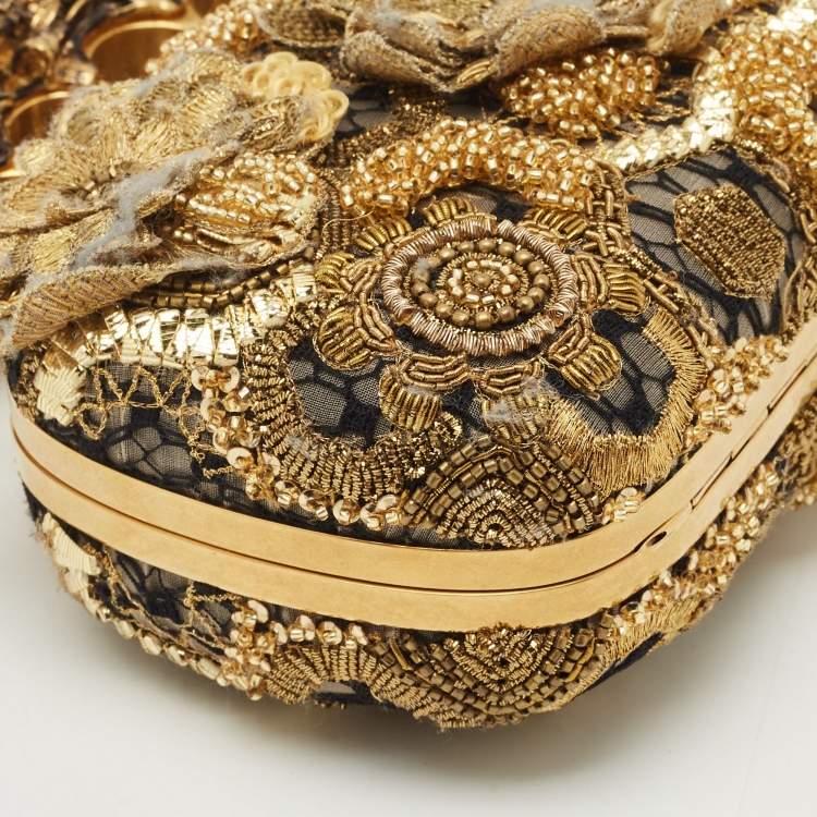Pre Owned Alexander McQueen Gold Rosa Seta Knuckle Duster Box Clutch