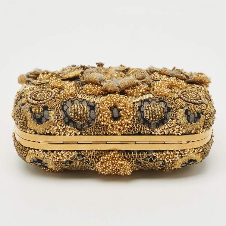 Pre Owned Alexander McQueen Gold Rosa Seta Knuckle Duster Box Clutch