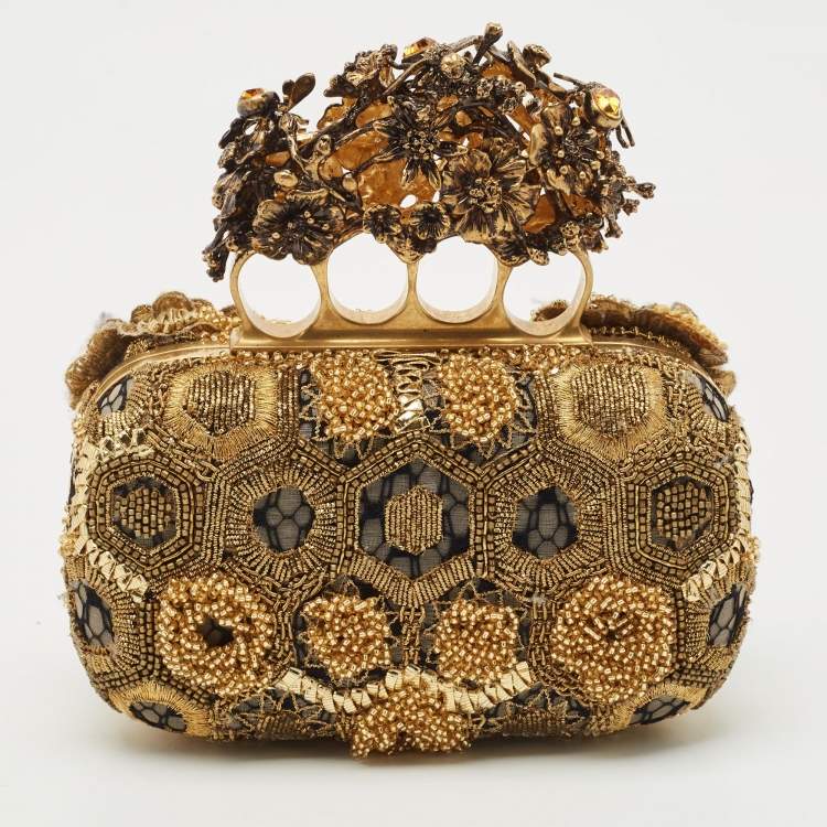 Pre Owned Alexander McQueen Gold Rosa Seta Knuckle Duster Box Clutch
