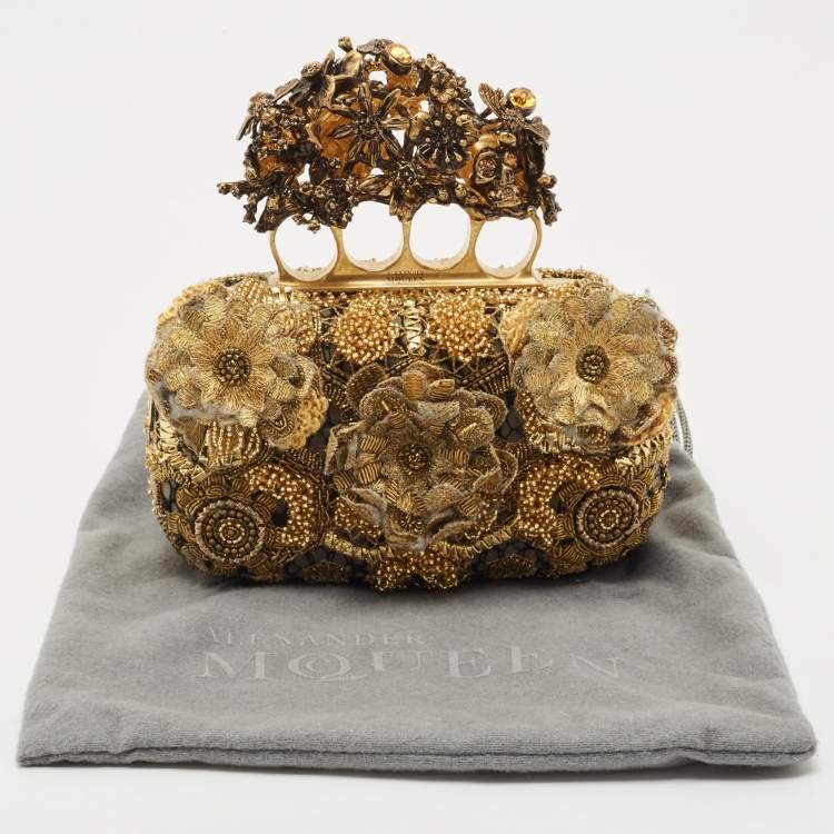 Pre Owned Alexander McQueen Gold Rosa Seta Knuckle Duster Box Clutch