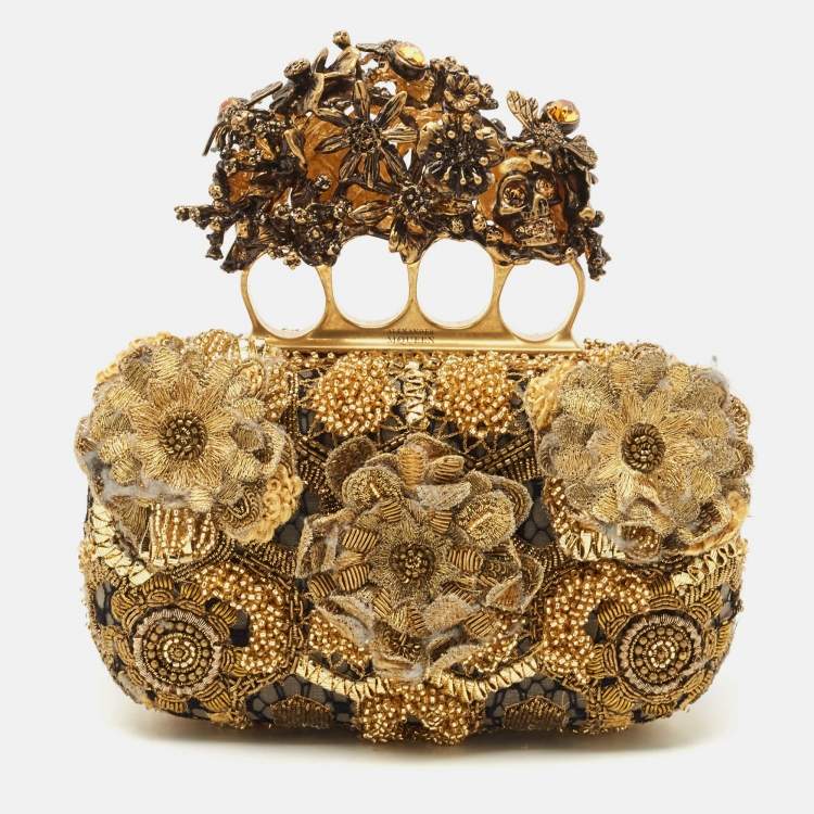 Pre Owned Alexander McQueen Gold Rosa Seta Knuckle Duster Box Clutch