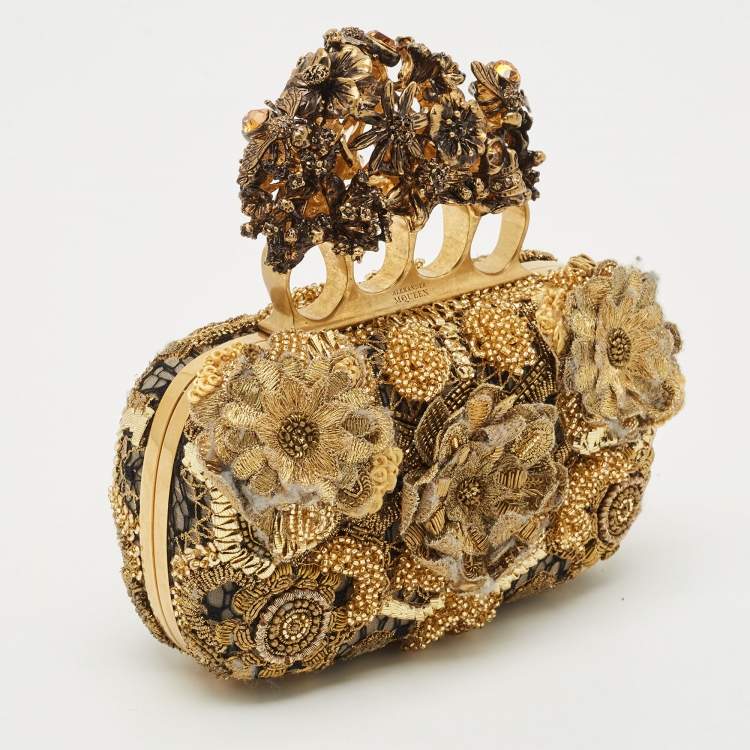 Pre Owned Alexander McQueen Gold Rosa Seta Knuckle Duster Box Clutch