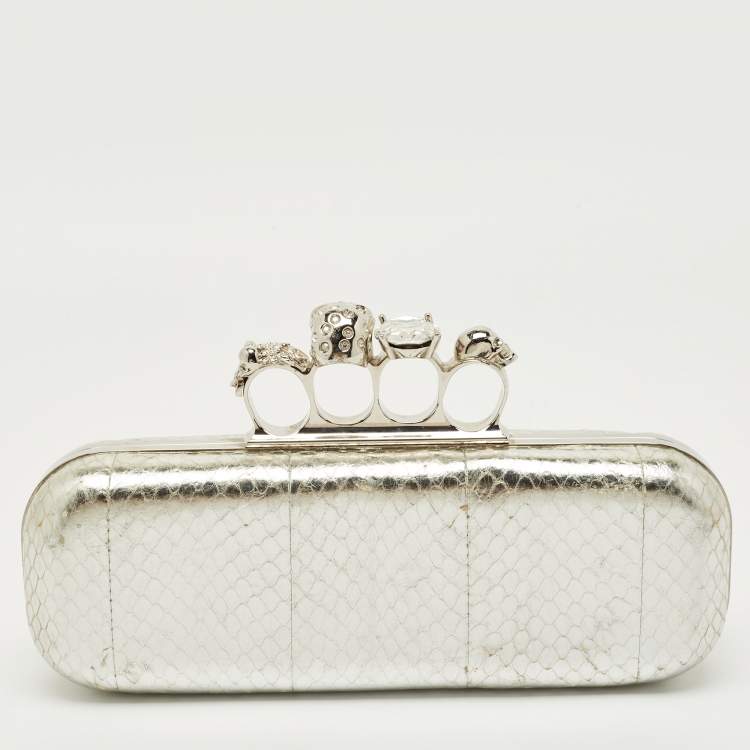 Pre Owned Alexander McQueen Silver Snakeskin Skull Crystals Knuckle Box Clutch