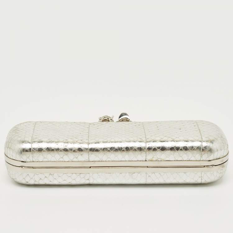 Pre Owned Alexander McQueen Silver Snakeskin Skull Crystals Knuckle Box Clutch
