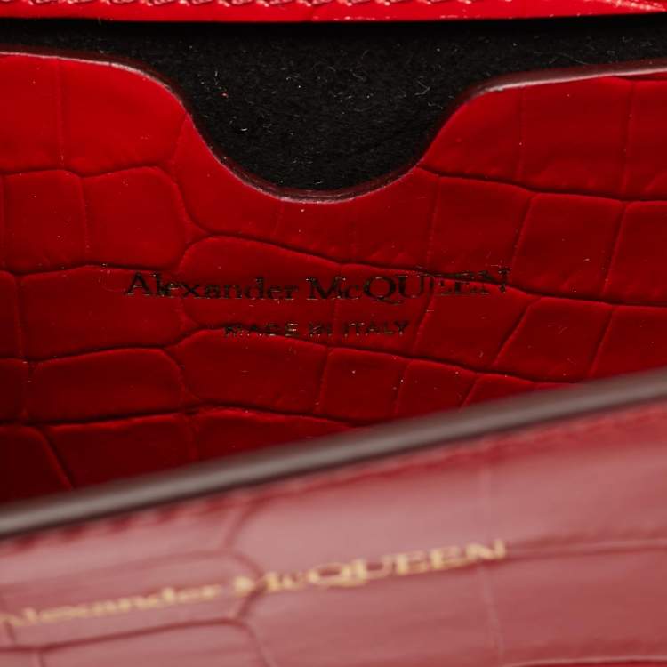 Pre Owned Alexander McQueen Red Croc Embossed Leather Jewelled Shoulder Bag