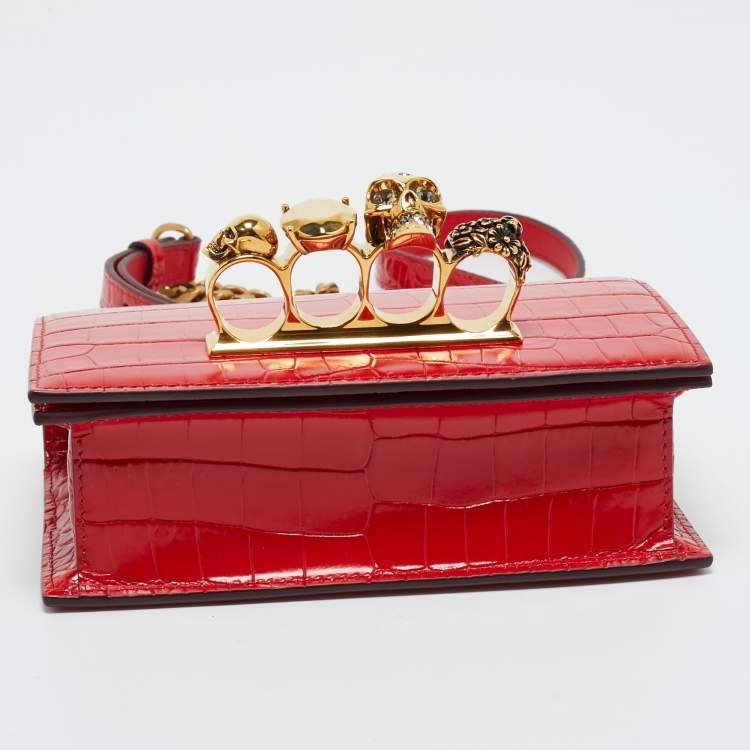 Pre Owned Alexander McQueen Red Croc Embossed Leather Jewelled Shoulder Bag