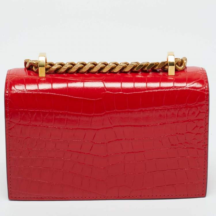 Pre Owned Alexander McQueen Red Croc Embossed Leather Jewelled Shoulder Bag