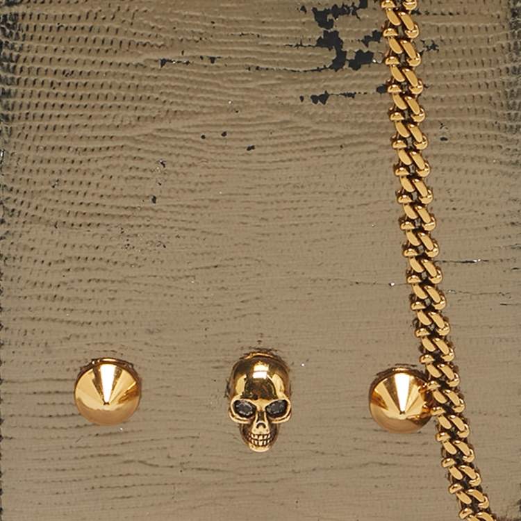 Pre Owned Alexander McQueen Metallic Leather Skull Phone Crossbody Bag