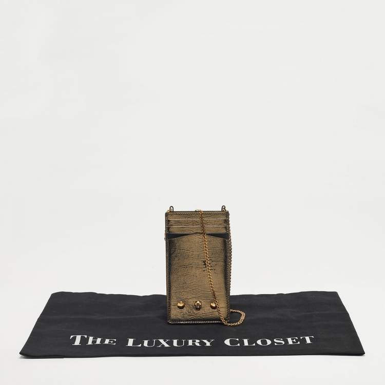 Pre Owned Alexander McQueen Metallic Leather Skull Phone Crossbody Bag