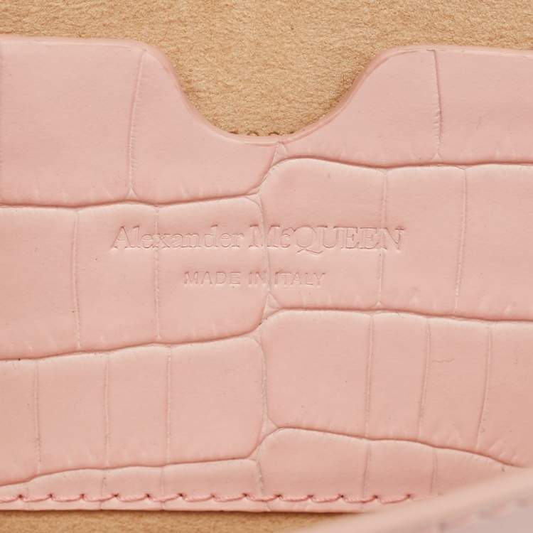 Pre Owned Alexander McQueen Pink Croc Embossed Leather Skull Crystal Chain Bag