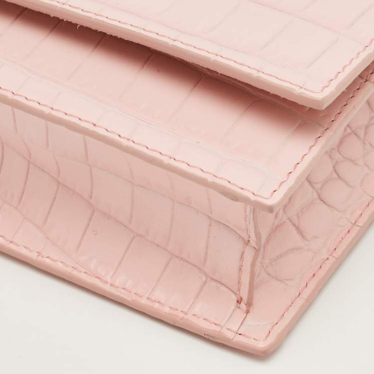 Pre Owned Alexander McQueen Pink Croc Embossed Leather Skull Crystal Chain Bag