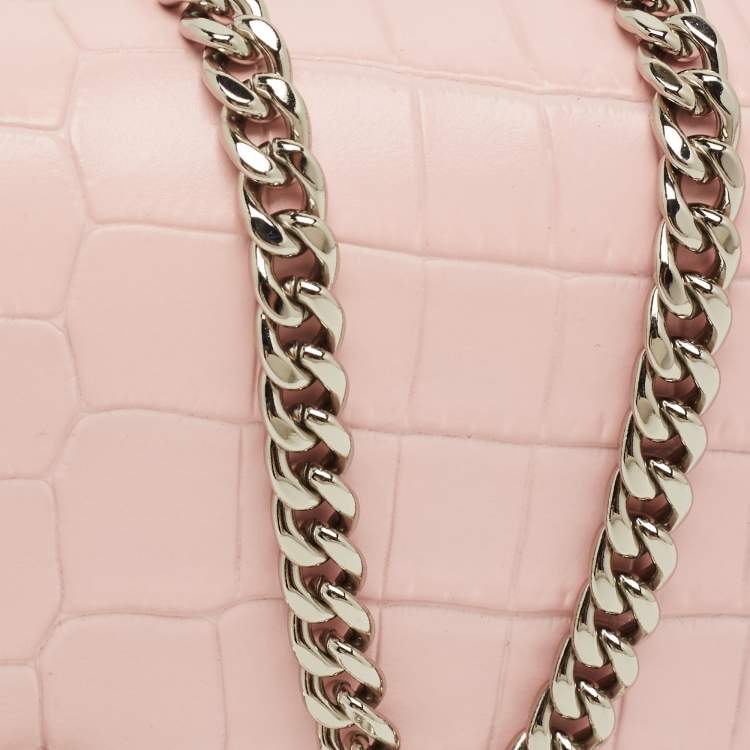 Pre Owned Alexander McQueen Pink Croc Embossed Leather Skull Crystal Chain Bag
