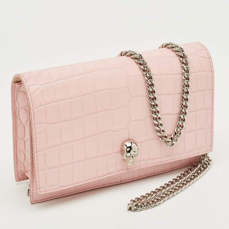 Pre Owned Alexander McQueen Pink Croc Embossed Leather Skull Crystal Chain Bag