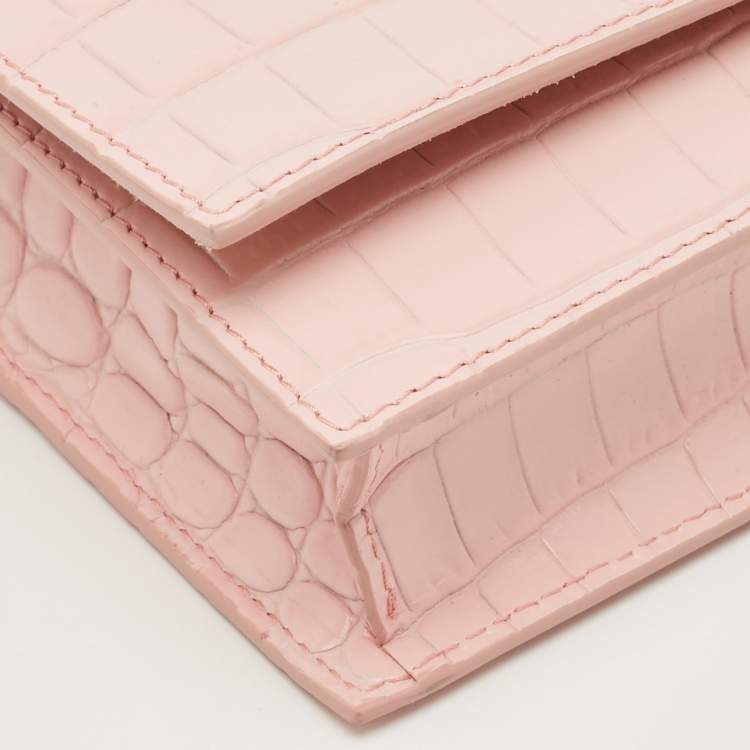 Pre Owned Alexander McQueen Pink Croc Embossed Leather Skull Crystal Chain Bag