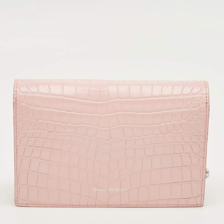Pre Owned Alexander McQueen Pink Croc Embossed Leather Skull Crystal Chain Bag