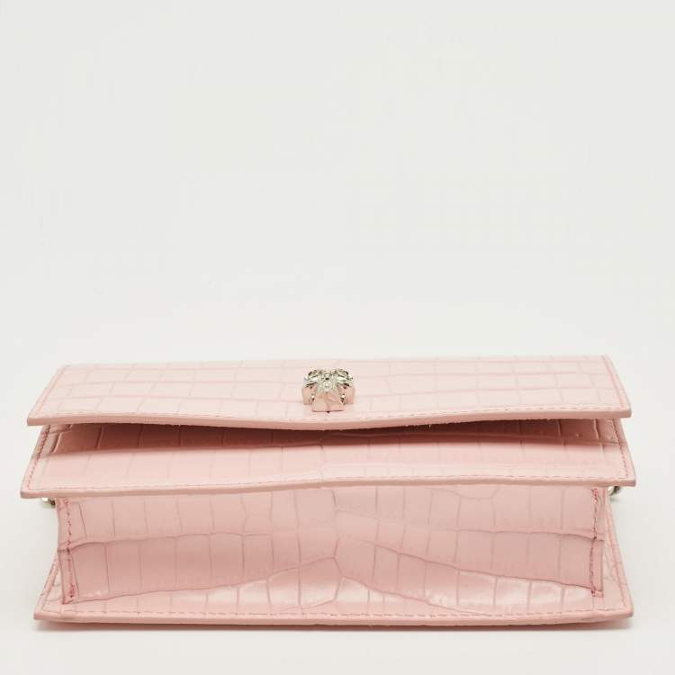 Pre Owned Alexander McQueen Pink Croc Embossed Leather Skull Crystal Chain Bag