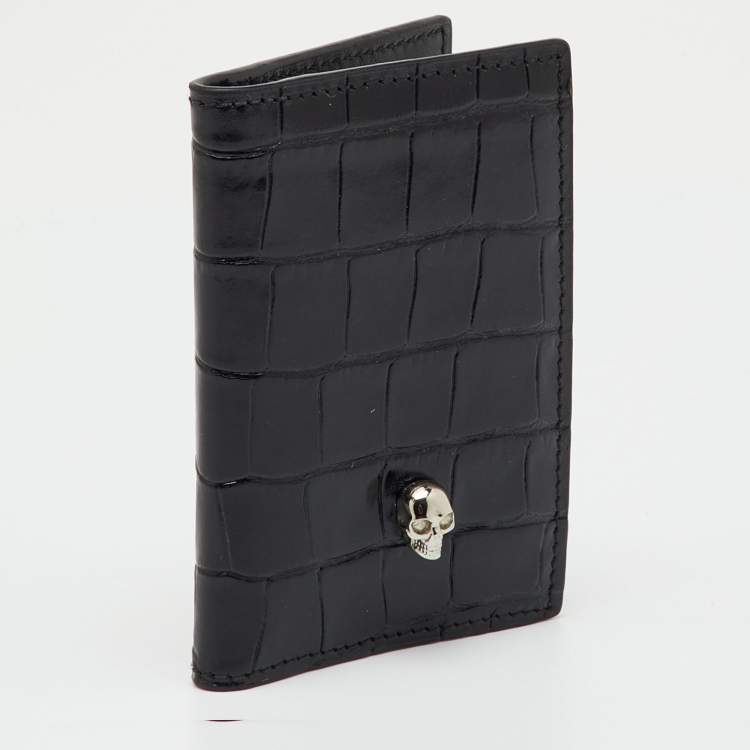 Pre Owned Alexander McQueen Black Croc Embossed Leather Skull Bifold Card Case