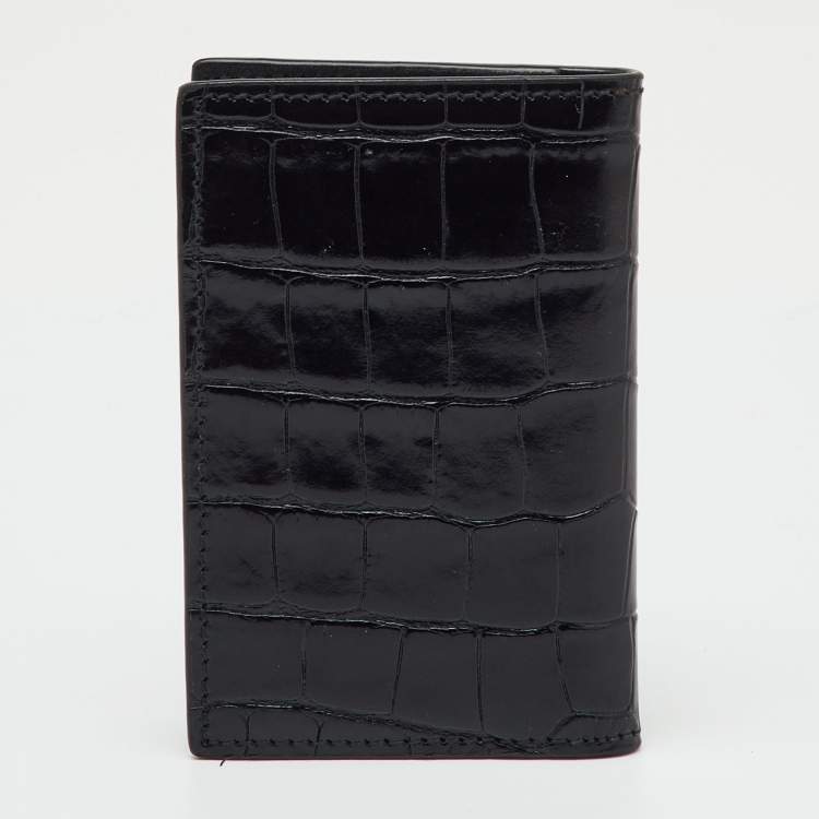 Pre Owned Alexander McQueen Black Croc Embossed Leather Skull Bifold Card Case