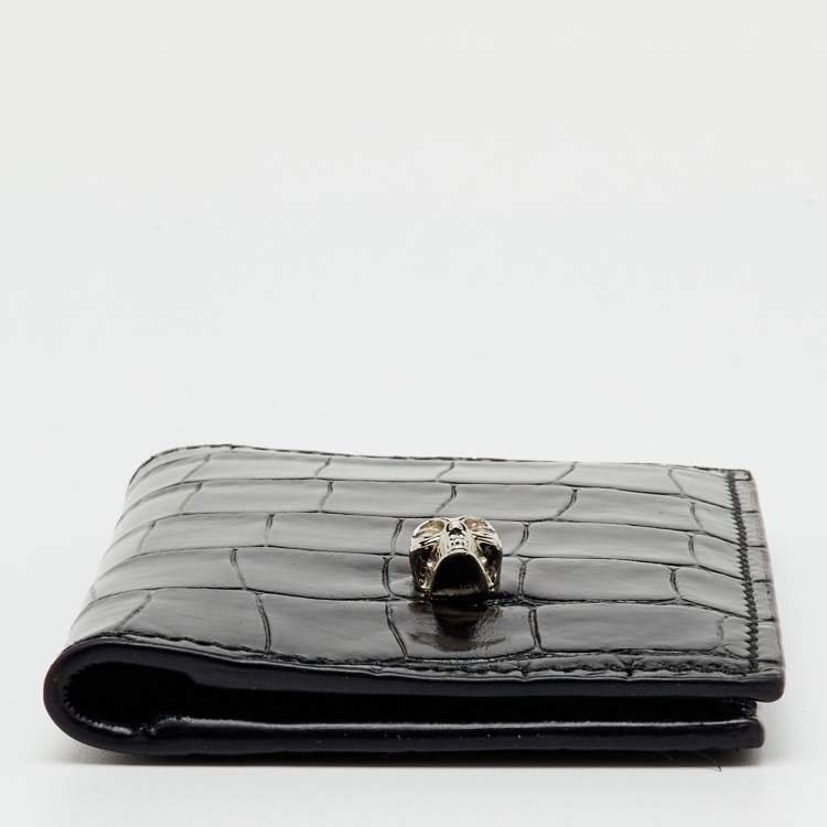 Pre Owned Alexander McQueen Black Croc Embossed Leather Skull Bifold Card Case