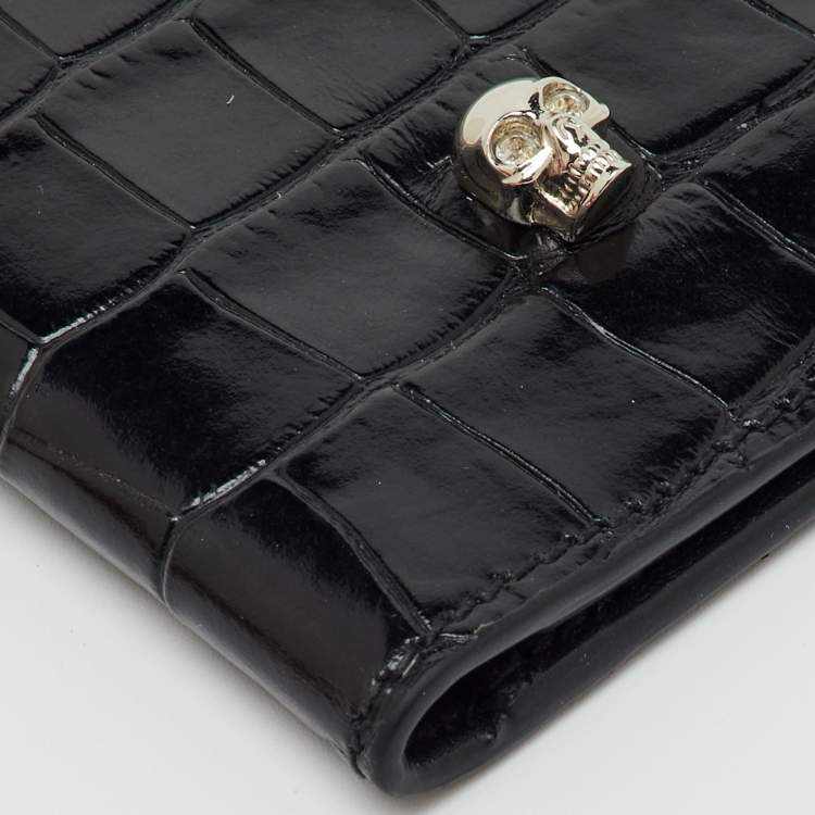 Pre Owned Alexander McQueen Black Croc Embossed Leather Skull Bifold Card Case