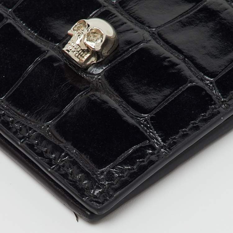 Pre Owned Alexander McQueen Black Croc Embossed Leather Skull Bifold Card Case