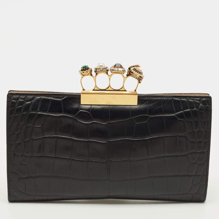 Pre Owned Alexander McQueen Four Ring Crystal Knuckle Black Croc Embossed Leather Pouch