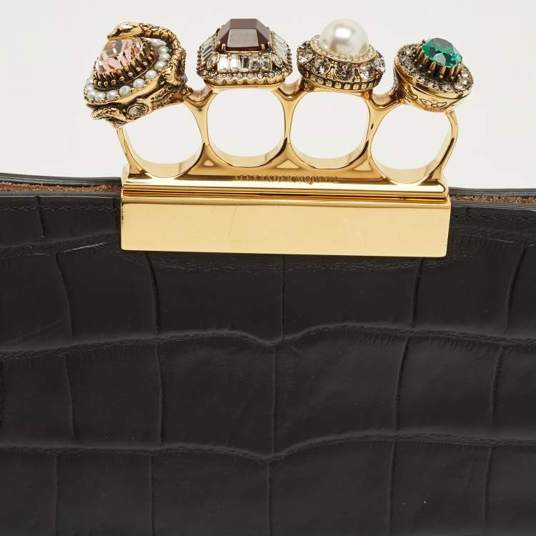 Pre Owned Alexander McQueen Four Ring Crystal Knuckle Black Croc Embossed Leather Pouch