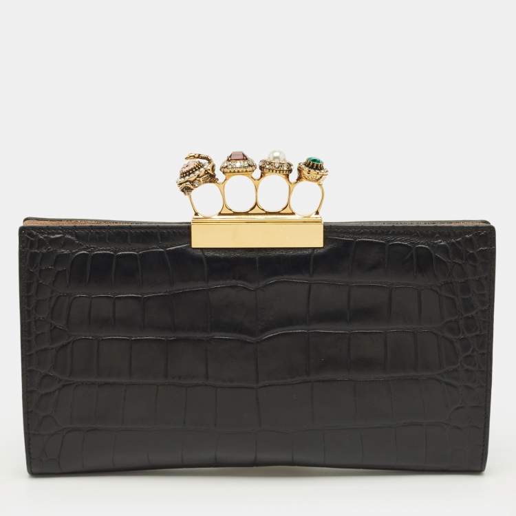 Pre Owned Alexander McQueen Four Ring Crystal Knuckle Black Croc Embossed Leather Pouch