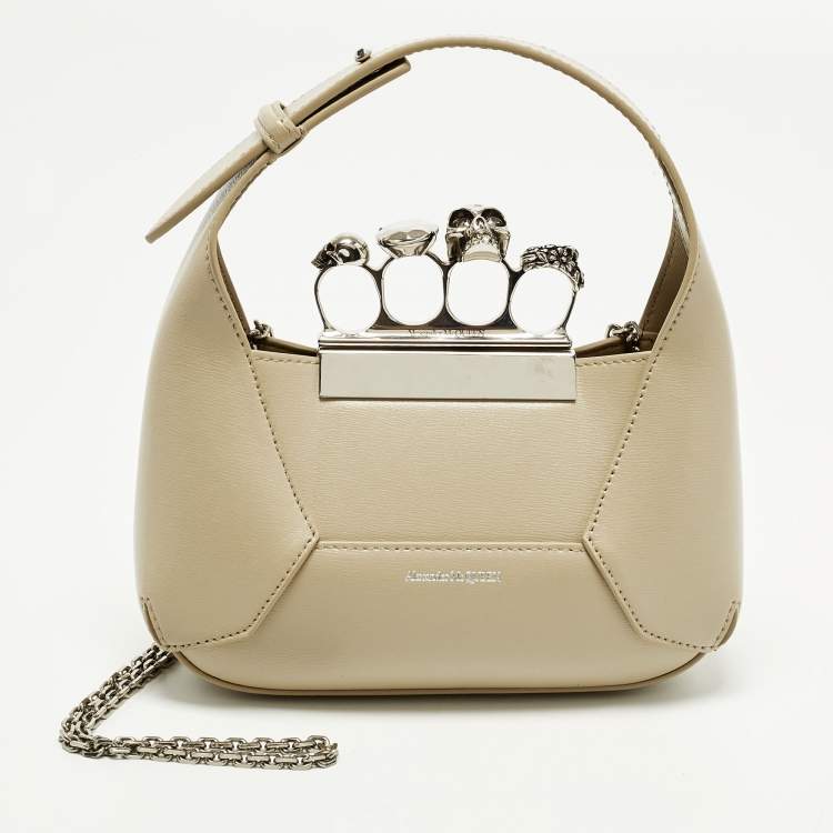 Pre Owned Alexander McQueen Jewelled Mini Beige Leather Hobo