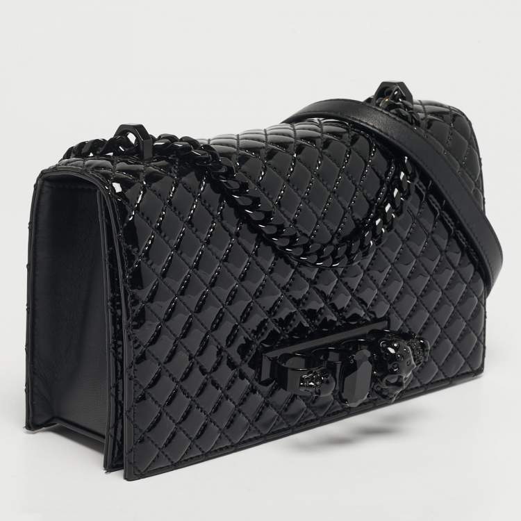 Pre Owned Alexander McQueen Black Quilted Patent Leather Four Ring Skull Shoulder Bag
