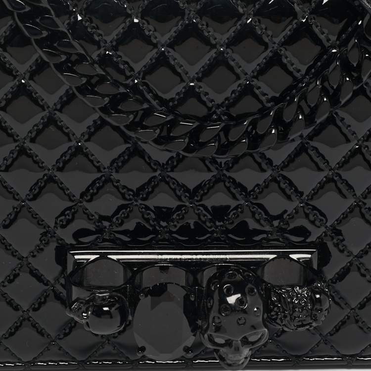 Pre Owned Alexander McQueen Black Quilted Patent Leather Four Ring Skull Shoulder Bag