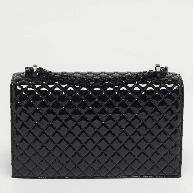 Pre Owned Alexander McQueen Black Quilted Patent Leather Four Ring Skull Shoulder Bag