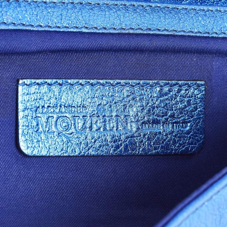 Pre Owned Alexander McQueen Metal Flap Metallic Blue Leather Clutch