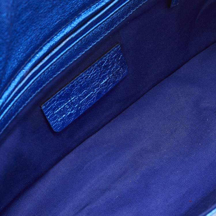 Pre Owned Alexander McQueen Metal Flap Metallic Blue Leather Clutch