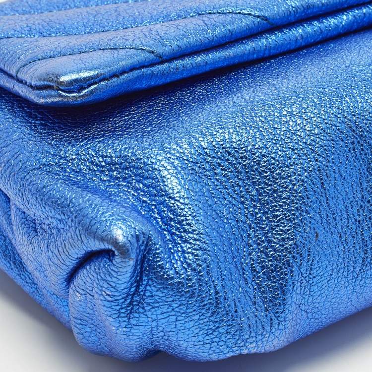 Pre Owned Alexander McQueen Metal Flap Metallic Blue Leather Clutch