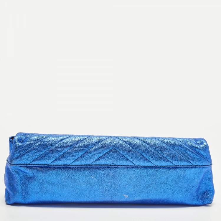 Pre Owned Alexander McQueen Metal Flap Metallic Blue Leather Clutch