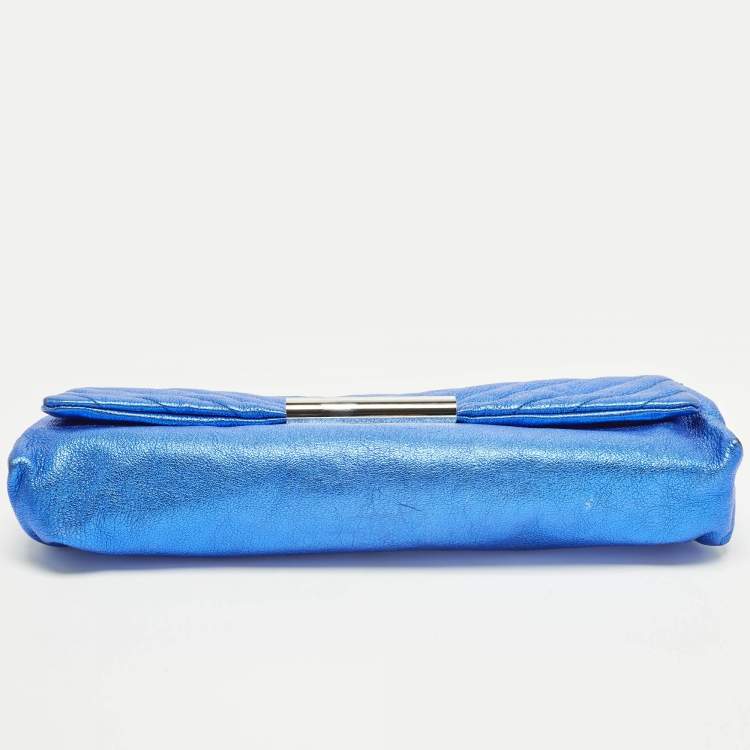 Pre Owned Alexander McQueen Metal Flap Metallic Blue Leather Clutch