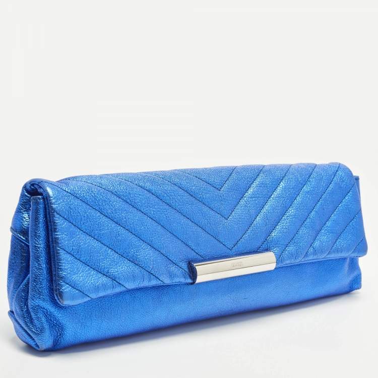 Pre Owned Alexander McQueen Metal Flap Metallic Blue Leather Clutch