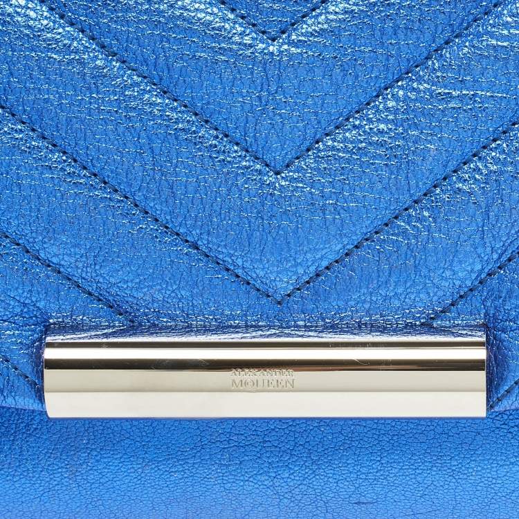 Pre Owned Alexander McQueen Metal Flap Metallic Blue Leather Clutch